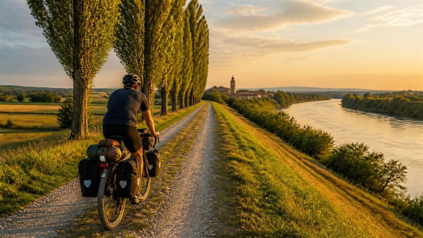 Cicloturista sull'argine del Po al tramonto, lungo la ciclovia VENTO